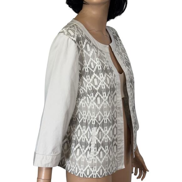 Open Front Jacket Ivory Geometric Chicos L Pockets Boho Chic Coastal Grandmother - Picture 4 of 11